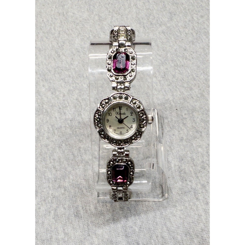 Vtg Art Deco Xanadu Watch Womens Silver Jeweled MOP Dial New Battery 6.5 21mm